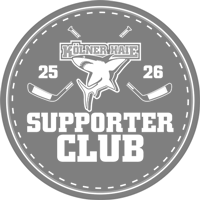 Logo-006 - Praxis Dr. Kurscheid Circular black supporter club logo for Köln/Cologne Haie hockey team, featuring a shark emblem, two crossed hockey sticks, and 'Supporter Club' text with 25 and 26.